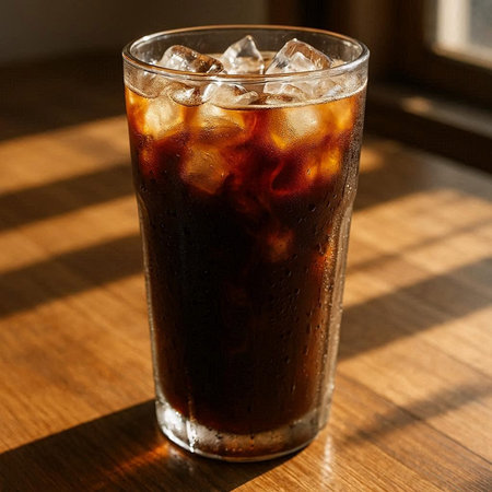 Cola in a glass with ice cubes on a wooden table in the sunlight