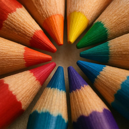 Colored pencils in a circle. Close-up. Selective focus.