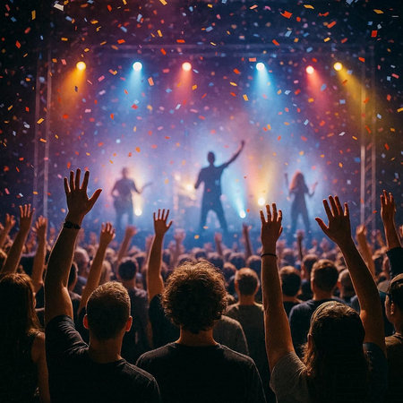 Crowd at concert with raised hands and confetti in the air