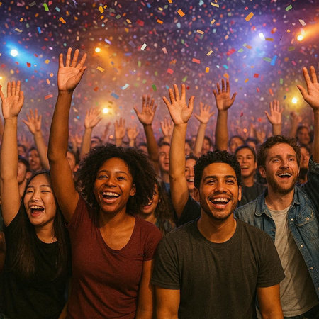 Portrait of a group of friends raising their hands at a music festival