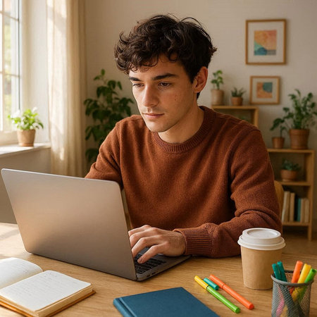 Serious young man using laptop while sitting at table in home office