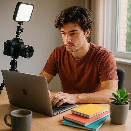 Image of young concentrated man indoors at home using laptop computer. Looking aside.