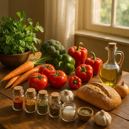 Fresh vegetables and spices on a wooden table in front of a windowの写真素材