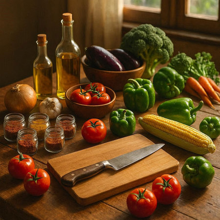 vegetables on a wooden table in a rustic kitchen.の写真素材