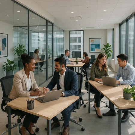 Multiethnic group of business people working and communicating together in modern office