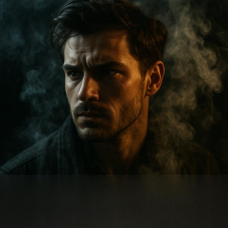 Portrait of a young man in the smoke on a dark background.