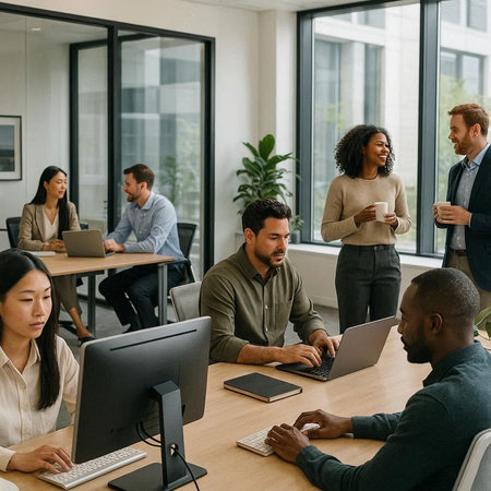 multiethnic businesspeople working on computers in modern office with colleagues