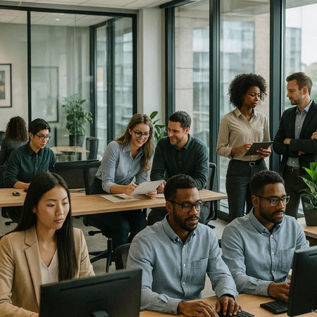 Group of young multiethnic businesspeople working together in the office