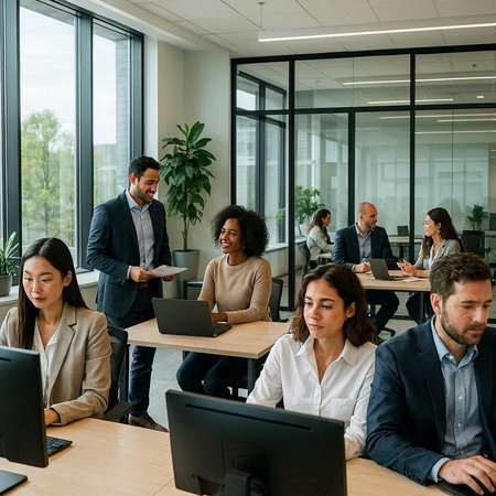 Multiethnic group of business people working together in modern office.