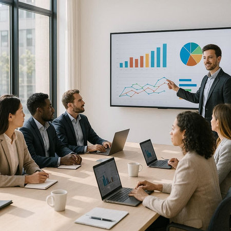 selective focus of smiling businessman pointing at graph on whiteboard during meeting in office