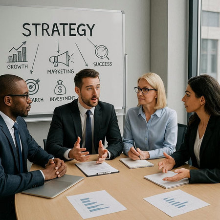 multiethnic businesspeople sitting at table in office and discussing strategy