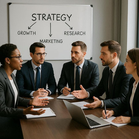 Group of multiethnic businesspeople sitting at table in office and discussing strategyの写真素材
