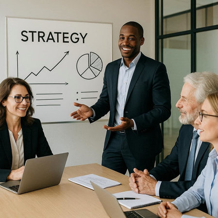 smiling businesswoman pointing at chart near multicultural colleagues working together in office