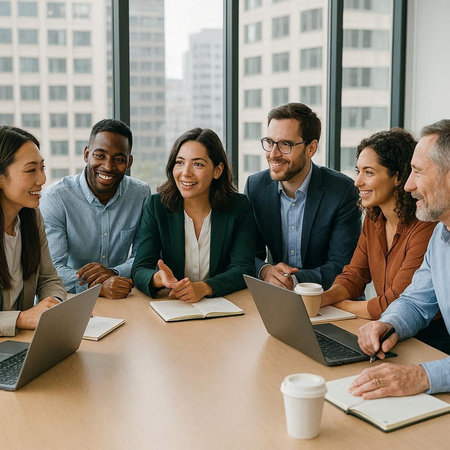 smiling multiethnic businesspeople working with laptop in boardroomの写真素材
