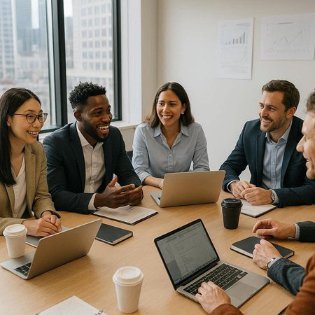 Group of multiethnic business people working together in modern office.