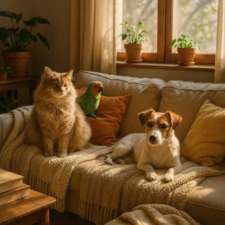Two cats and a dog on the couch in the living room.