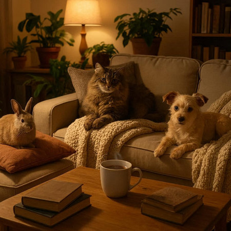 Cat and dog on a sofa in the evening at home with a cup of coffeeの写真素材
