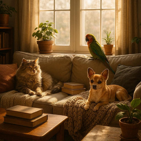 Cat and dog sitting on sofa with books and parrot. Home interiorの写真素材