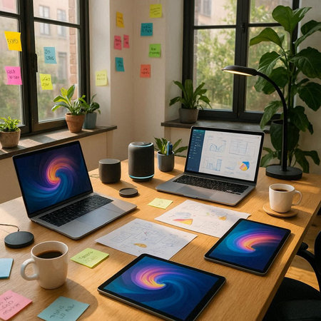 Interior of a modern office with laptop, tablet and coffee cup