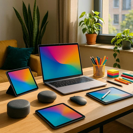 Laptop, tablet, smartphone and other office supplies on wooden table at home