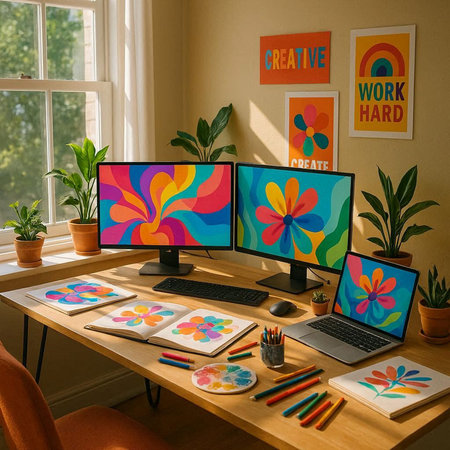 Designer desktop with computer monitors, digital tablet, pencils, flowers and other items