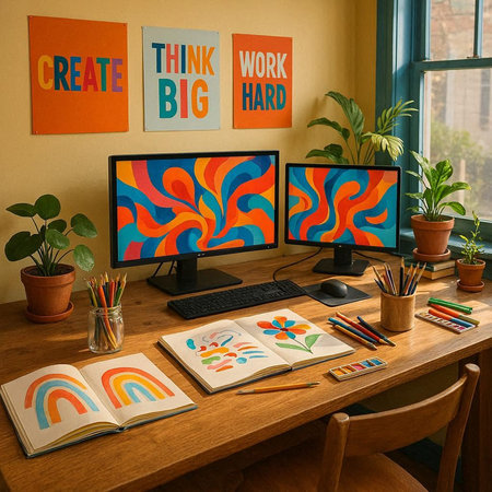 Creative workspace with computer monitors and stationery on wooden table.の写真素材