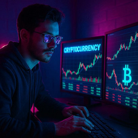 Portrait of a hacker in a dark room working on a computer. Cryptocurrency concept.