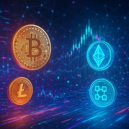 Cryptocurrency concept. 3d rendering toned image double exposure