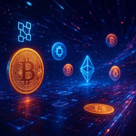 Bitcoin hologram on abstract background. Cryptocurrency concept. 3D Rendering