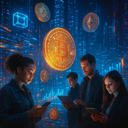 Group of business people using digital tablet and bitcoin. Cryptocurrency concept