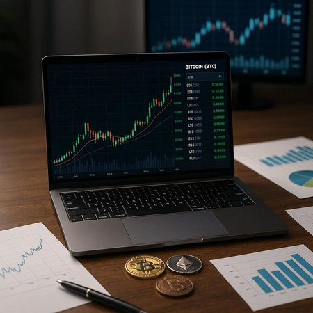 Laptop with stock market chart on screen. Cryptocurrency concept