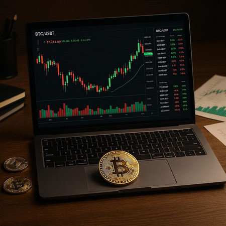 Bitcoin on a laptop screen with candlestick chart. Cryptocurrency concept.