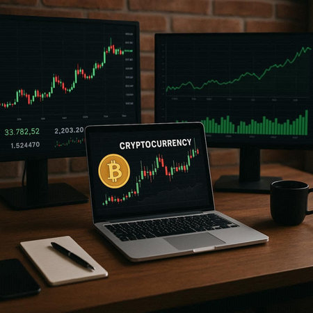 Bitcoin cryptocurrency coin on laptop screen. Cryptocurrency and finance concept.