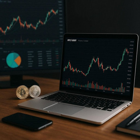 Laptop with cryptocurrency graph on screen. Cryptocurrency trading and investment concept.