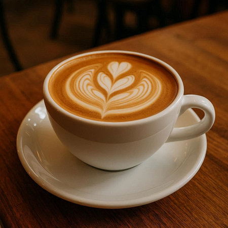 A cup of latte art coffee on wooden table in coffee shopの写真素材