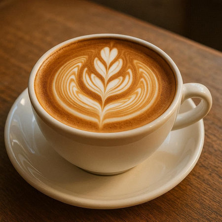 Latte art coffee in white cup on wooden table, stock photo