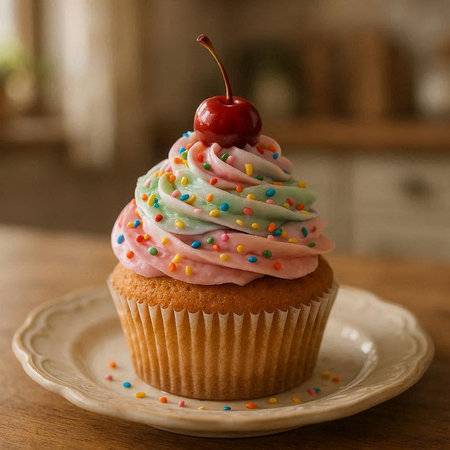 Cupcake with cherry and colorful sprinkles on a white plateの写真素材