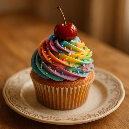 Cupcake with a cherry on a wooden background. Selective focus.