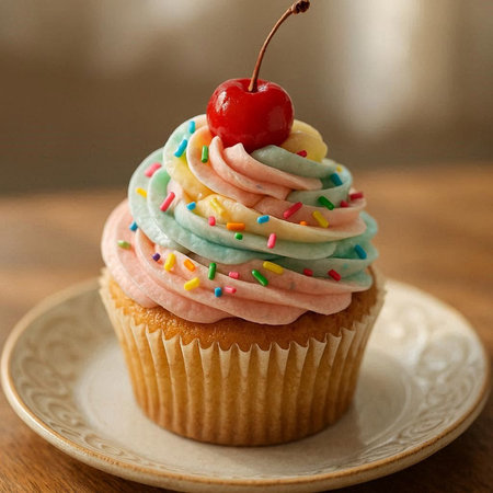 Cupcake with whipped cream, cherry and colorful sprinkles on topの写真素材