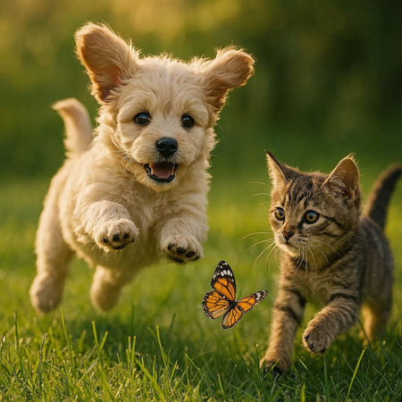 Cute dog and cat playing together in the grass with a butterfly