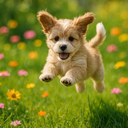 Cute puppy running in the garden on a sunny summer day.の写真素材