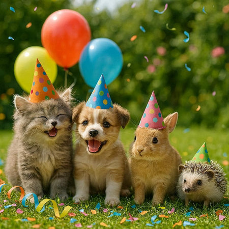 Group of cute dogs and cats in birthday hats sitting on green grass