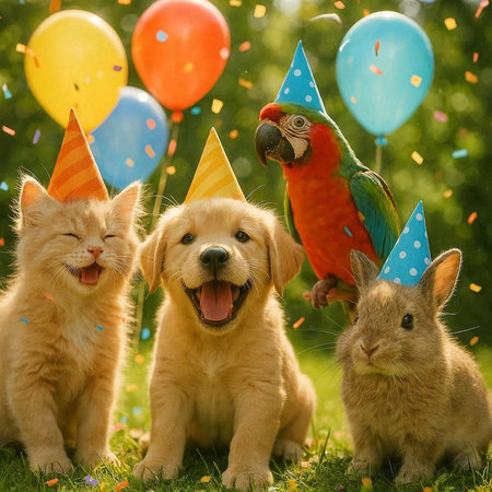 Happy dog, cat and parrot in birthday hats and colorful balloons