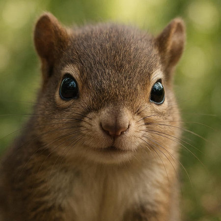 Close up of a grey squirrel with blue eyes looking at the camera