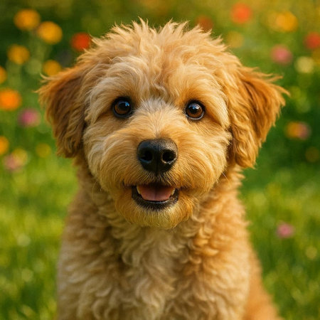 Cute poodle puppy on a green meadow with flowers.