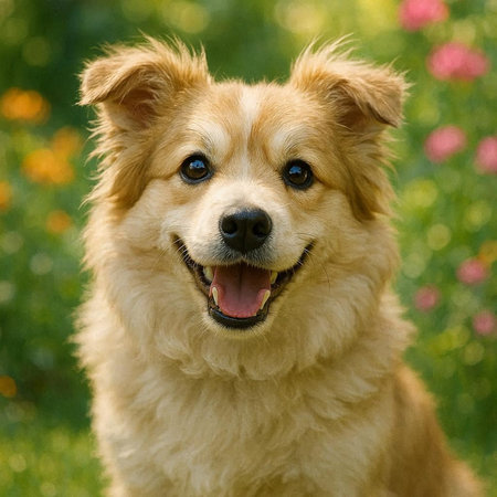 portrait of a cute dog on a background of green grass and flowers