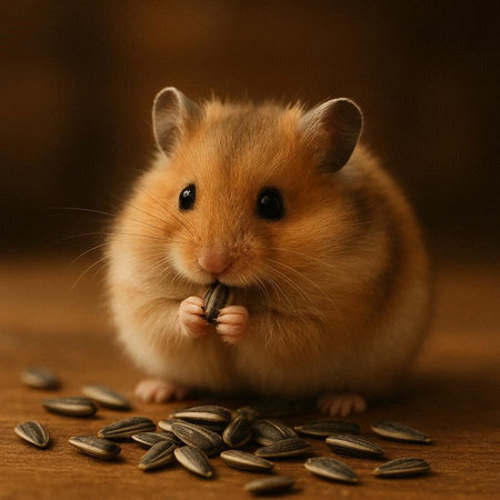 Hamster with sunflower seeds on a wooden background. Close-up.の写真素材