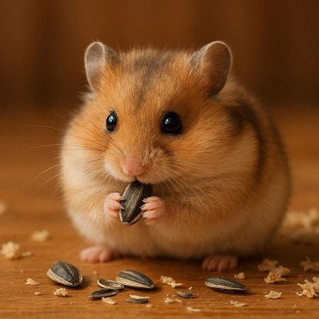 Hamster eating sunflower seeds on a wooden background. Close-up.の写真素材
