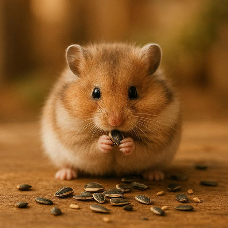 Hamster eating sunflower seeds on a wooden background. Close-up.の写真素材