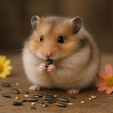 Hamster with sunflower seeds on a wooden background. Close-up.の写真素材